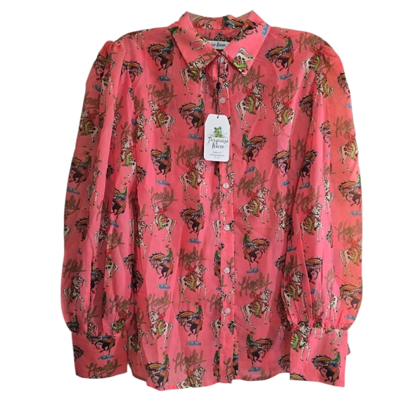 NWT Turquoise Haven Western Pink Howdy Blouse XL Puff Sleeves Bucking Bronco - Picture 4 of 12